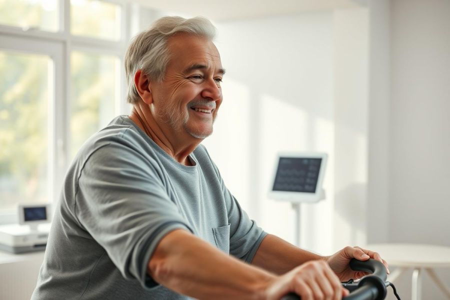 Senior man exercising on a stationary bike in a bright, modern room. He's smiling and appears to be enjoying his workout. Focus on fitness, healthy aging, and active lifestyle. The room has a clean, white aesthetic with natural light.