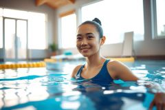 Woman swimming in an indoor pool. Blue water, bright natural light, and a relaxing atmosphere. Fitness, recreation, and healthy lifestyle.