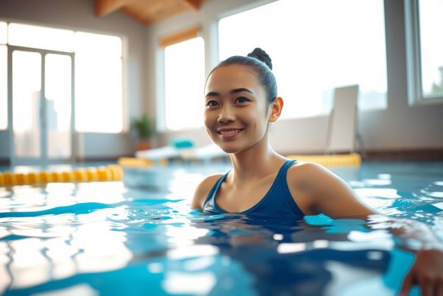 Woman swimming in an indoor pool. Blue water, bright natural light, and a relaxing atmosphere. Fitness, recreation, and healthy lifestyle.