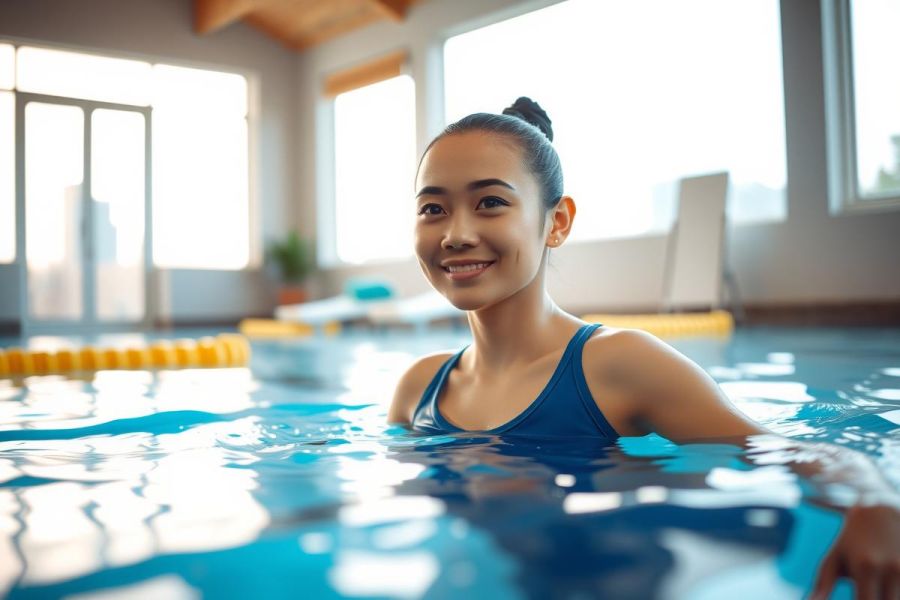 Woman swimming in an indoor pool. Blue water, bright natural light, and a relaxing atmosphere. Fitness, recreation, and healthy lifestyle.