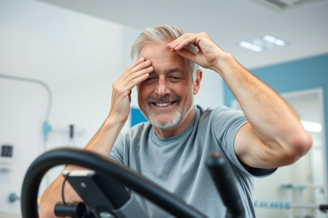 Smiling senior man exercising on an elliptical machine in a bright gym. He’s wearing a gray shirt and appears to be enjoying his workout. Fitness, healthy lifestyle, and active aging themes are present in this image with blue and white accents.