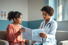Doctor consulting with a young girl in a bright, modern clinic. They are reviewing documents, showcasing healthcare, pediatric care, and patient consultation. Neutral colors and a focus on communication create a professional and reassuring atmosphere.
