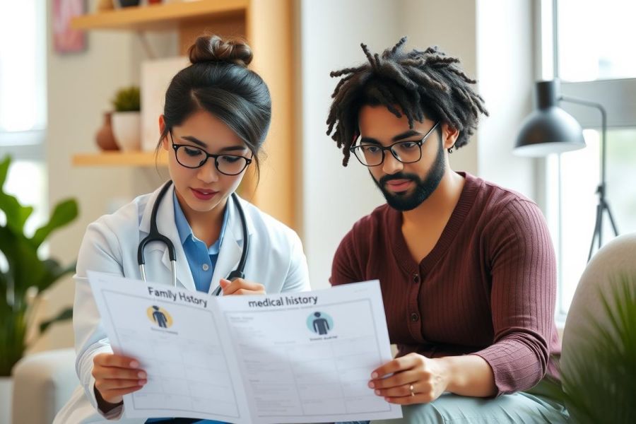 Doctor reviewing patient's medical history with a focused expression. Healthcare professional and patient are in a brightly lit office setting. The image conveys a sense of care and attention to detail in a medical consultation.