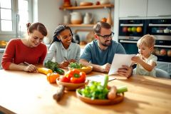 Family preparing food together in a bright kitchen. Parents and a young child are at a table with fruits and vegetables, showing a healthy and happy home environment.