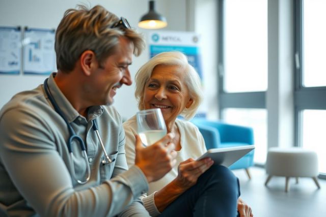 A doctor consults with an elderly patient in a modern, brightly lit room. They are seated, discussing something on a tablet while the doctor holds a glass.  Healthcare, consultation, senior care, medical examination, friendly atmosphere.