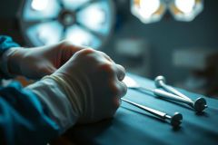 Surgical scene. A gloved hand rests near medical instruments on a sterile table, lit by overhead lights. Focus on precision and healthcare setting.