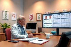A doctor is seated at a desk in an office setting, looking at a computer screen displaying medical charts and data. The environment suggests a professional workspace with white walls, fluorescent lighting, and a window allowing natural light to illuminate the scene.