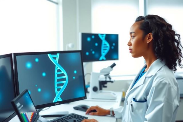 Scientist working at a lab computer. Focus on DNA sequence displayed on screen. Lab environment, white coat, research, biology, genetics, and scientific work.