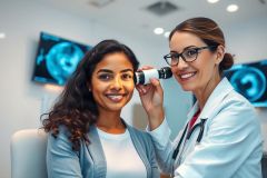 A smiling female doctor in a white coat examines a patient's ear with an otoscope in a modern medical clinic. The scene features a bright, clean environment with digital displays of ear anatomy in the background. Focus is on healthcare, audiology, and patient care with warm, inviting tones.