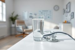 Glass of water and stethoscope on a white desk in a bright, modern doctor's office. Healthcare, hydration, and medical concept. Clean, minimalist aesthetic with soft lighting.