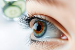 Close-up of a beautiful eye with striking hazel and blue iris, long dark eyelashes, and a hint of cucumber in the background. Focus on beauty, skincare, and eye care concepts. Natural beauty, wellness, and spa themes are present.