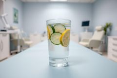Refreshing infused water with lemon and cucumber slices in a glass, set against a blurred medical or dental office background. Blue and white tones dominate the scene, suggesting a clean and healthy environment. Focus on hydration and wellness.