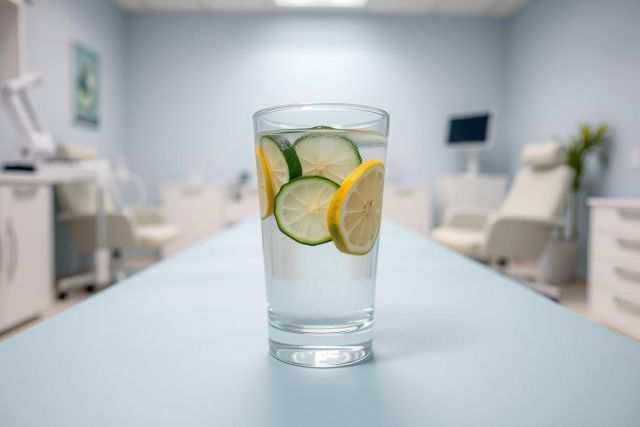 Refreshing infused water with lemon and cucumber slices in a glass, set against a blurred medical or dental office background. Blue and white tones dominate the scene, suggesting a clean and healthy environment. Focus on hydration and wellness.