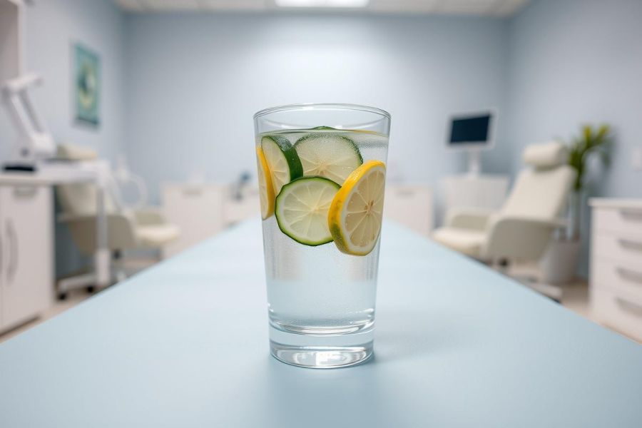 Refreshing infused water with lemon and cucumber slices in a glass, set against a blurred medical or dental office background. Blue and white tones dominate the scene, suggesting a clean and healthy environment. Focus on hydration and wellness.