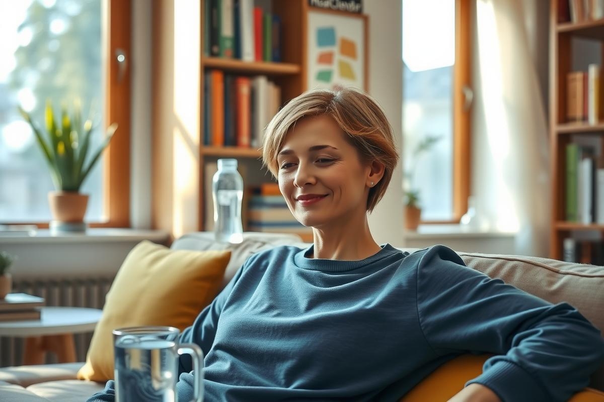 In the image, a woman is sitting comfortably on a couch in what appears to be her living room. She is smiling and seems to be at ease, perhaps enjoying some downtime. The room has a warm, welcoming atmosphere with wooden furniture, a window that lets in natural light, and books stacked neatly to one side, suggesting an environment conducive to relaxation and reading.