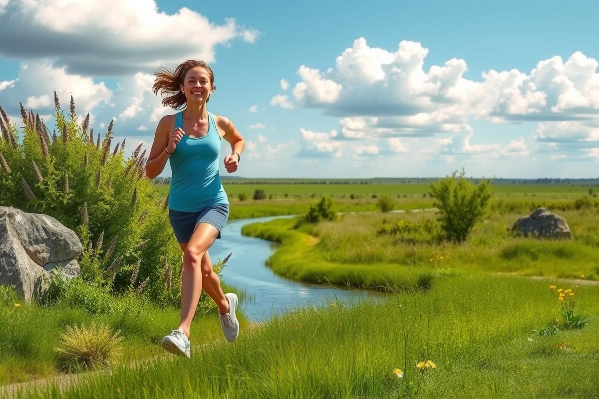 The image shows a woman in athletic attire running on a grassy field. The environment suggests an open natural area with greenery and blue sky in the background.