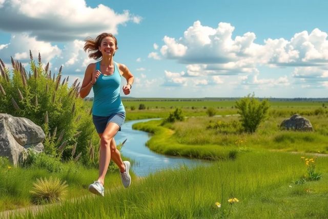 The image shows a woman in athletic attire running on a grassy field. The environment suggests an open natural area with greenery and blue sky in the background.