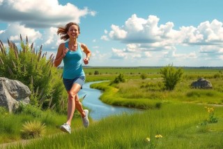 The image shows a woman in athletic attire running on a grassy field. The environment suggests an open natural area with greenery and blue sky in the background.