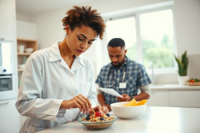 Woman preparing a fruit bowl in a bright, modern kitchen. Close-up view of the process with a man in the background. Healthy breakfast concept.