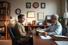 In this image, we see a scene set in a well-lit office environment. There are two main subjects: an older gentleman and a younger man. The older gentleman is seated at the desk with his hands clasped together, facing another man who stands opposite him with a clipboard in hand, suggesting a formal or professional meeting.