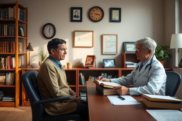 In this image, we see a scene set in a well-lit office environment. There are two main subjects: an older gentleman and a younger man. The older gentleman is seated at the desk with his hands clasped together, facing another man who stands opposite him with a clipboard in hand, suggesting a formal or professional meeting.
