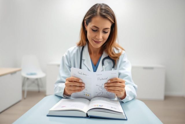 Doctor in white coat studying anatomy diagrams in an open textbook. Medical professional reviewing illustrations in a bright, modern clinic setting. Healthcare education and learning concept.
