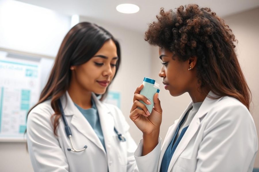 Two healthcare professionals, one demonstrating inhaler use to the other in a modern medical clinic. Both women wear white coats and stethoscopes. The scene conveys patient care, respiratory health, and medical training in a bright, clean environment.