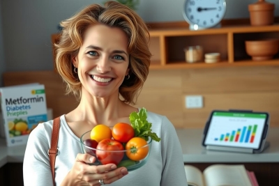 The image features a woman in a kitchen setting, holding up a bowl filled with fresh fruits and vegetables. The woman appears happy, with a smile on her face, conveying a sense of well-being.