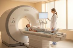 Patient lies on an MRI table while a clinician prepares the scanner and adjusts the monitor in the imaging room.