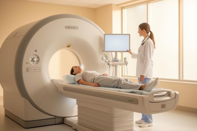 Patient lies on an MRI table while a clinician prepares the scanner and adjusts the monitor in the imaging room.