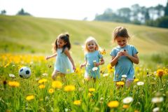Three young children joyfully running through a vibrant field of yellow dandelions on a sunny day. The scene evokes childhood, play, and outdoor fun with a lush green hillside backdrop. A soccer ball is visible, suggesting active play.