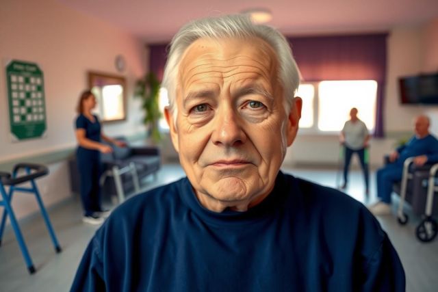 The image features a man sitting in what appears to be a hospital room or ward. He is wearing a dark shirt and has grey hair, suggesting he might be an older adult. 