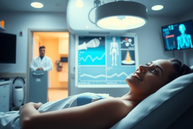 The image shows a medical setting with two people. A woman is lying on a hospital bed, smiling towards the camera. She appears to be undergoing a procedure as indicated by the medical equipment around her, including a monitor displaying heart rate data and a machine for breathing assistance. To her right stands another person, possibly a healthcare professional observing or assisting with the treatment. The environment suggests a well-equipped, clean medical facility focused on patient care.