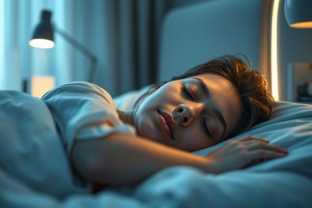 Close-up of a young woman peacefully sleeping in bed. Soft blue and cool-toned lighting creates a serene bedroom atmosphere. Focus on restful sleep, relaxation, and nighttime tranquility. Perfect for sleep health, wellness, or bedroom decor themes.