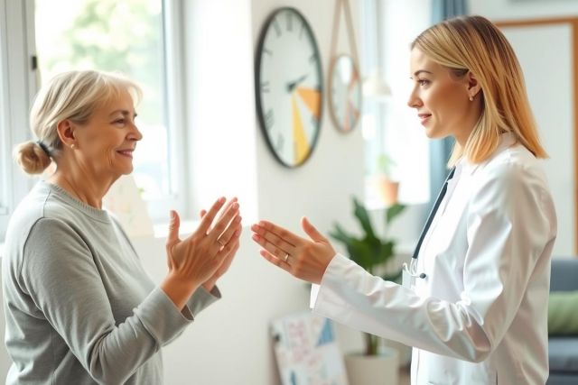 A healthcare professional, wearing a white coat and stethoscope, interacts with an older woman in a bright, modern home setting. The scene conveys care and well-being, featuring warm lighting and a friendly atmosphere.