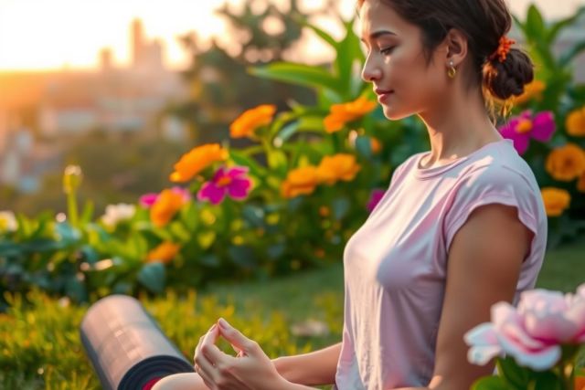 The image depicts a young woman sitting in a yoga pose, likely meditating or practicing mindfulness. She is outdoors, possibly on a balcony or terrace with a view of the city skyline.