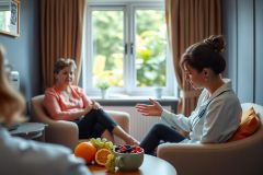 Two women chatting comfortably in a warmly lit living room. The scene features soft colors, fruit in a bowl, and a cozy atmosphere, suggesting conversation or relaxation.