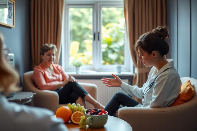 Two women chatting comfortably in a warmly lit living room. The scene features soft colors, fruit in a bowl, and a cozy atmosphere, suggesting conversation or relaxation.