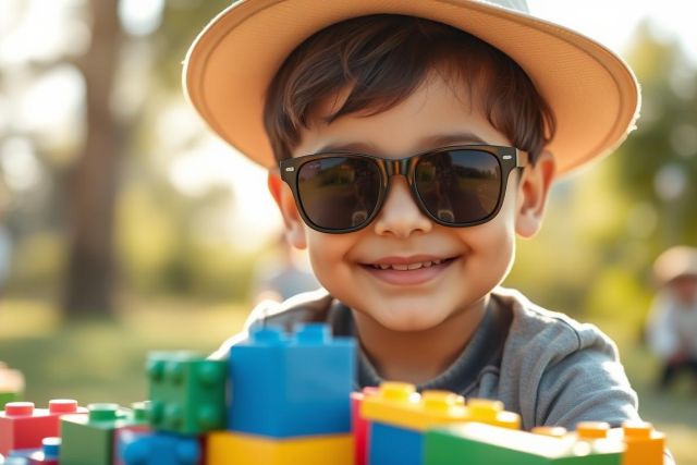 Happy child wearing sunglasses and a hat plays with colorful building blocks outdoors. Sunny day in a park setting, showcasing childhood fun and playful learning. Bright colors and a joyful expression create a cheerful image.