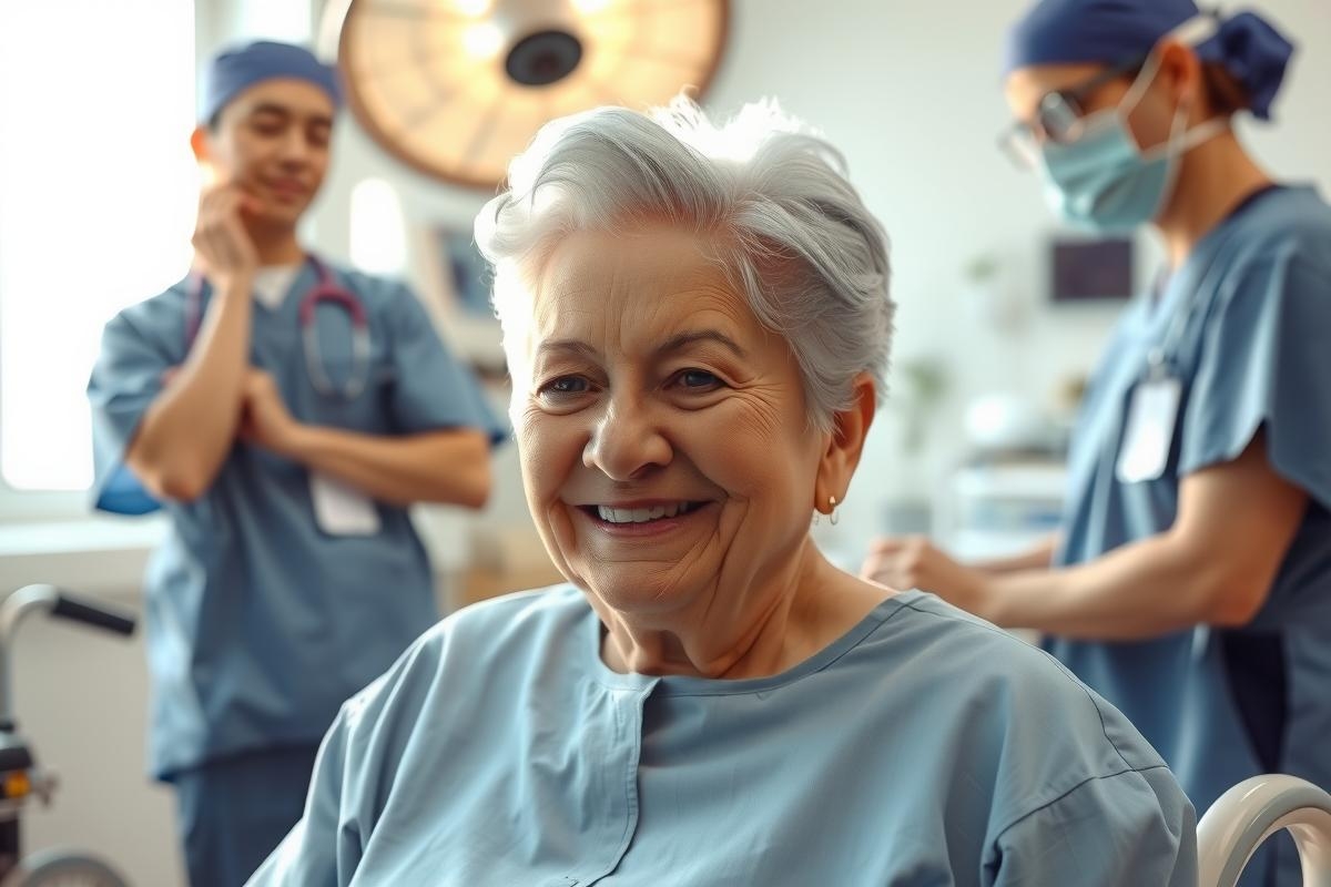 This image depicts a medical setting, with healthcare professionals in scrubs and face masks attending to an elderly patient. The patient is smiling, suggesting comfort or satisfaction with the care being provided.