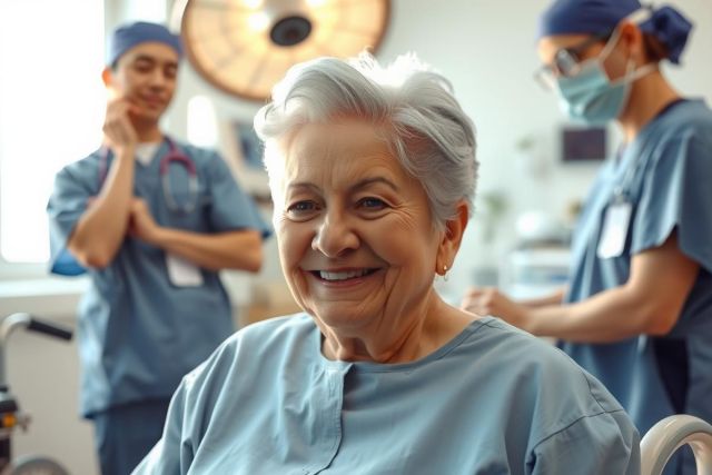 This image depicts a medical setting, with healthcare professionals in scrubs and face masks attending to an elderly patient. The patient is smiling, suggesting comfort or satisfaction with the care being provided.