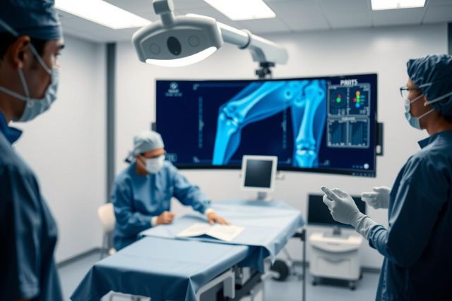 Medical team examining x-ray scans in a surgical operating room. Focus on diagnostics and healthcare professionals using technology for patient care. Blue and white color scheme dominates the sterile environment.