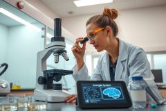 Scientist examining a microscope slide in a lab. She's wearing a lab coat and glasses, focusing on detailed analysis. The scene includes lab equipment and a tablet displaying a brain image. Focus on scientific research, medical analysis, and lab environment.