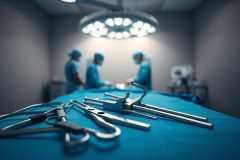 Surgical scene: Close-up of surgical instruments on a blue sterile drape, with blurred surgeons working under bright operating room lights. Medical, healthcare, and surgical theme with a focus on tools and a clinical environment.