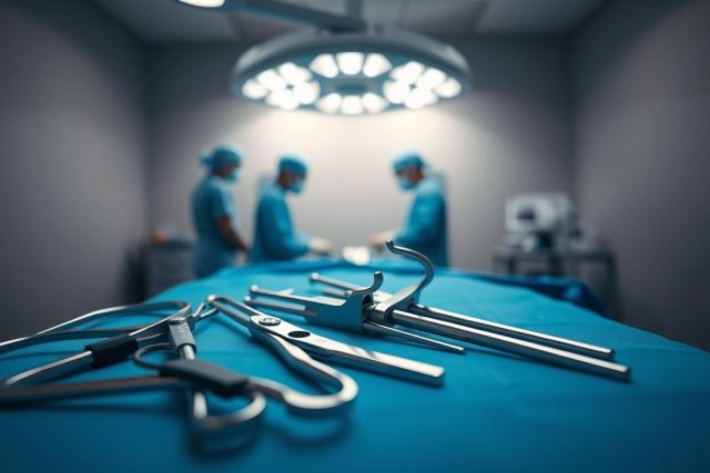 Surgical scene: Close-up of surgical instruments on a blue sterile drape, with blurred surgeons working under bright operating room lights. Medical, healthcare, and surgical theme with a focus on tools and a clinical environment.