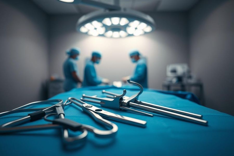 Surgical scene: Close-up of surgical instruments on a blue sterile drape, with blurred surgeons working under bright operating room lights. Medical, healthcare, and surgical theme with a focus on tools and a clinical environment.