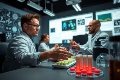 A group of scientists in a lab working on a project, with computer screens displaying data and lab equipment such as test tubes and flasks.