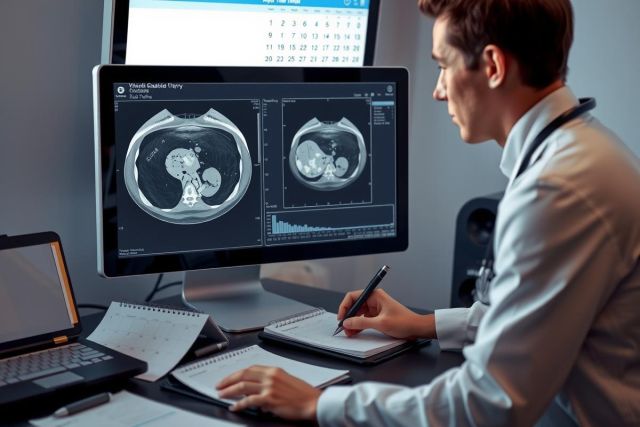 Image of a medical professional in a modern office setting, looking at MRI or CT scan images on a large screen. The environment includes medical equipment and documents, suggesting an expertise in radiology or diagnostic analysis.