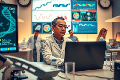 The image depicts a laboratory scene with scientists and lab equipment. In the foreground, an Asian male wearing a white coat is seated at a desk looking intently at a computer screen displaying medical or scientific data.