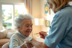 A caring woman gently paints a senior woman's fingernail. Warm lighting illuminates a cozy living room setting, suggesting a nurturing and comforting environment. A moment of care and connection.